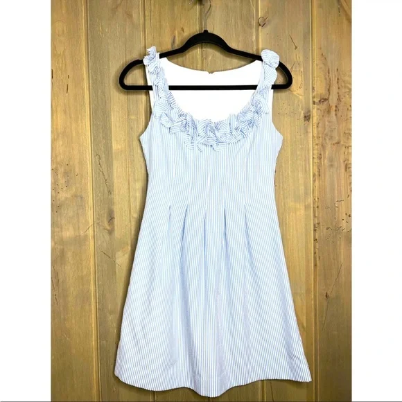 London Times | Dresses | London Times Sleeveless Blue White Striped  Seersucker Dress Flower Size 4 | Poshmark